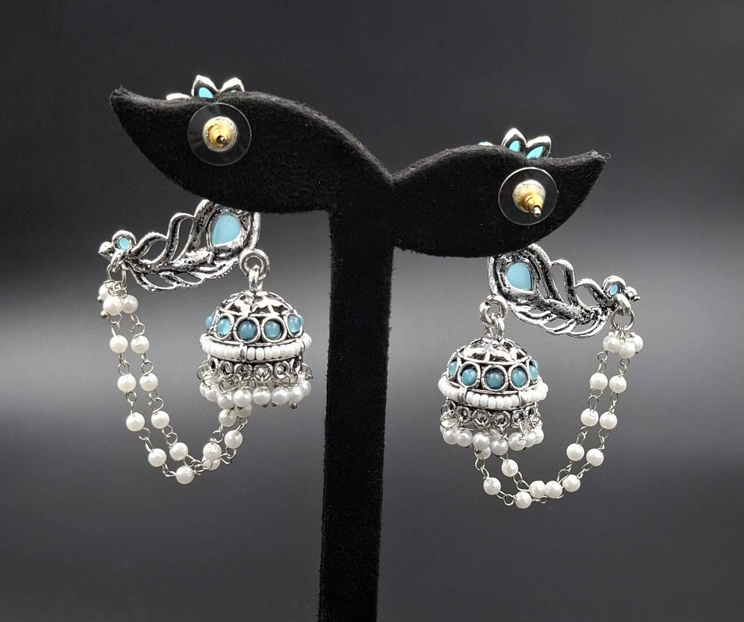 Peacock Jhumkis Earrings - Turquoise blue
