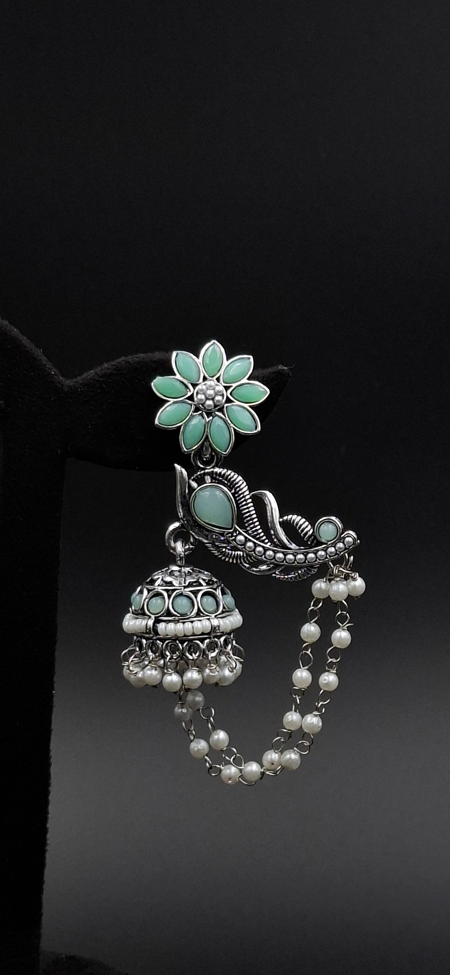 Oxidised silver jewellery set including earrings and necklace – handcrafted ethnic design from Owlsters' Oxidised Collection.