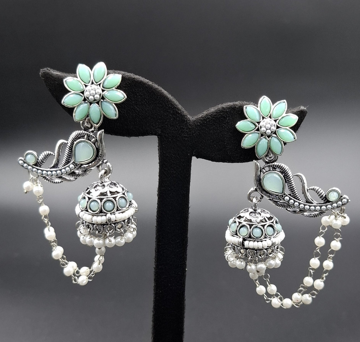Peacock Jhumkis Earrings - Mint green