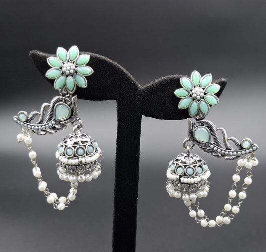 Peacock Jhumkis Earrings - Mint green