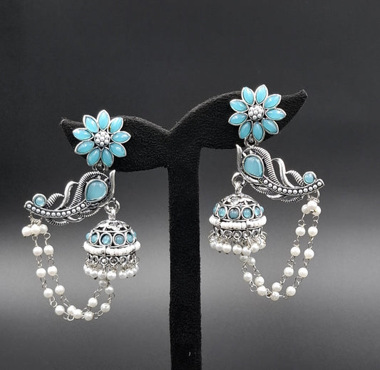 Peacock Jhumkis Earrings - Turquoise blue