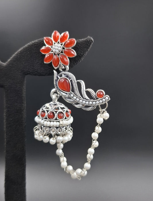 Peacock Jhumkis Earrings - Red
