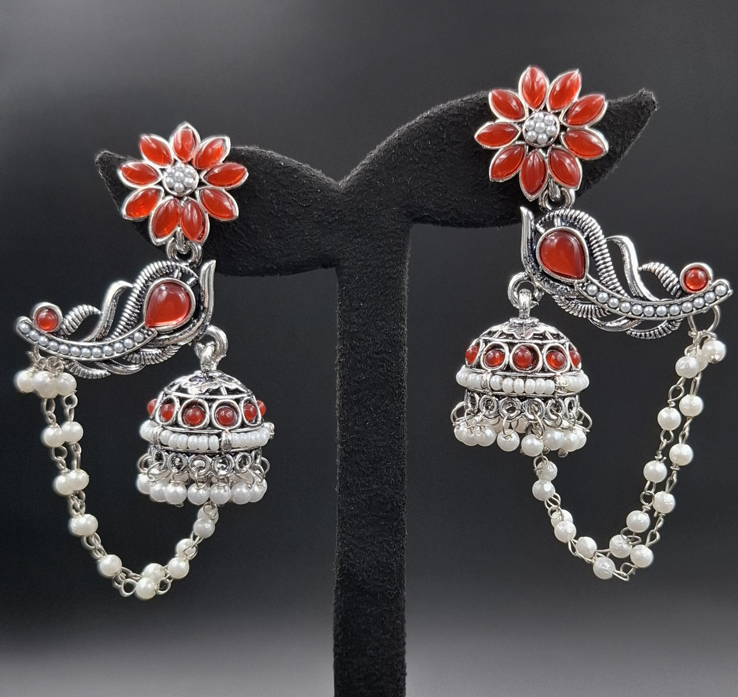 Peacock Jhumkis Earrings - Red