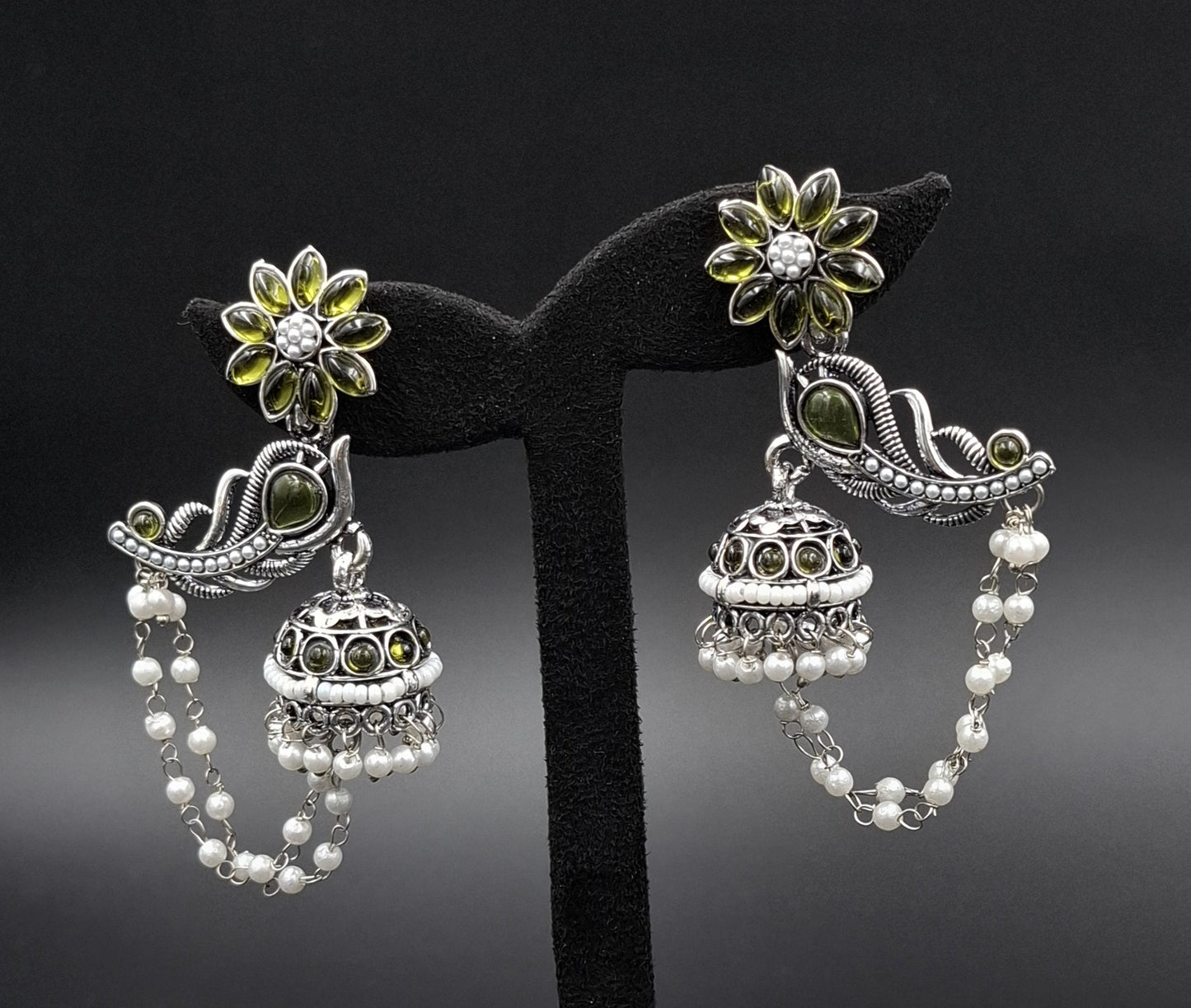 Peacock Jhumkis Earrings - Olive Green