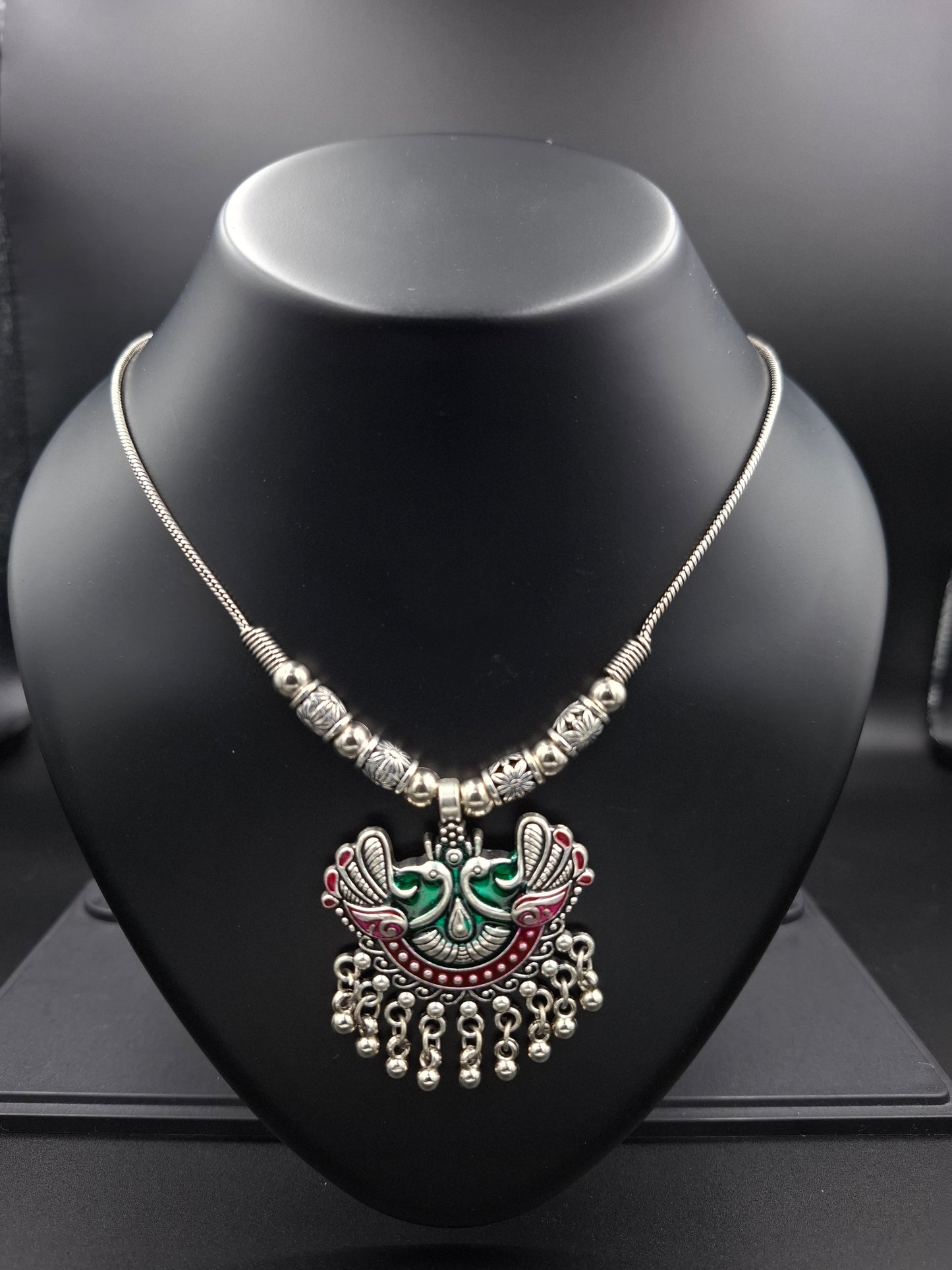 "Peacock Ghungroo Melody" – Ethnic Oxidised Necklace