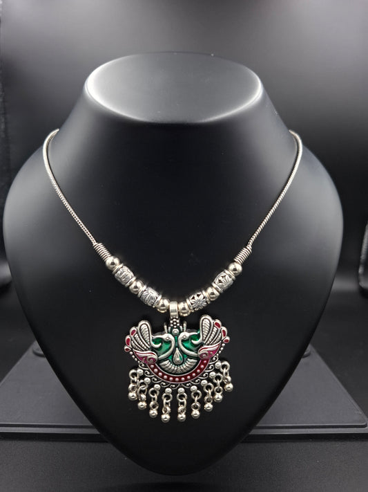 "Peacock Ghungroo Melody" – Ethnic Oxidised Necklace