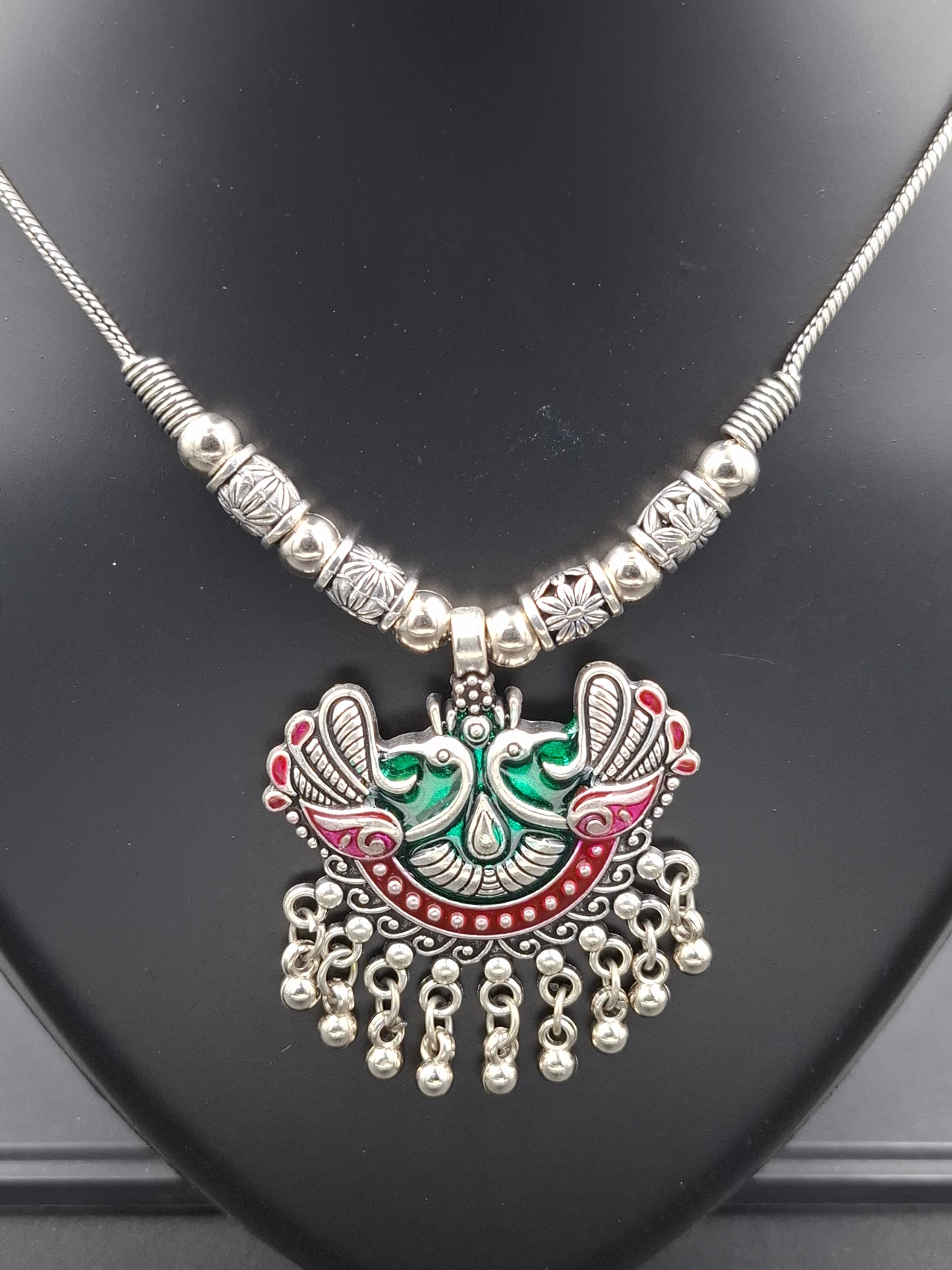 "Peacock Ghungroo Melody" – Ethnic Oxidised Necklace