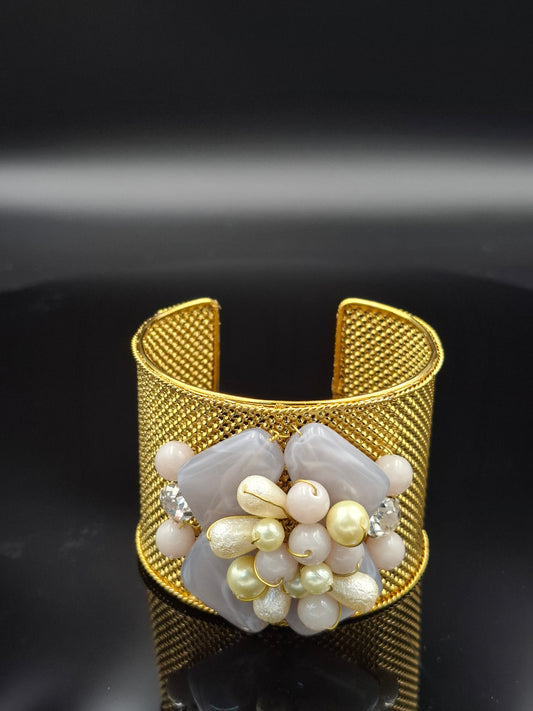 "Moonshade Bloom" – Artisan Grey Stone Floral Cuff