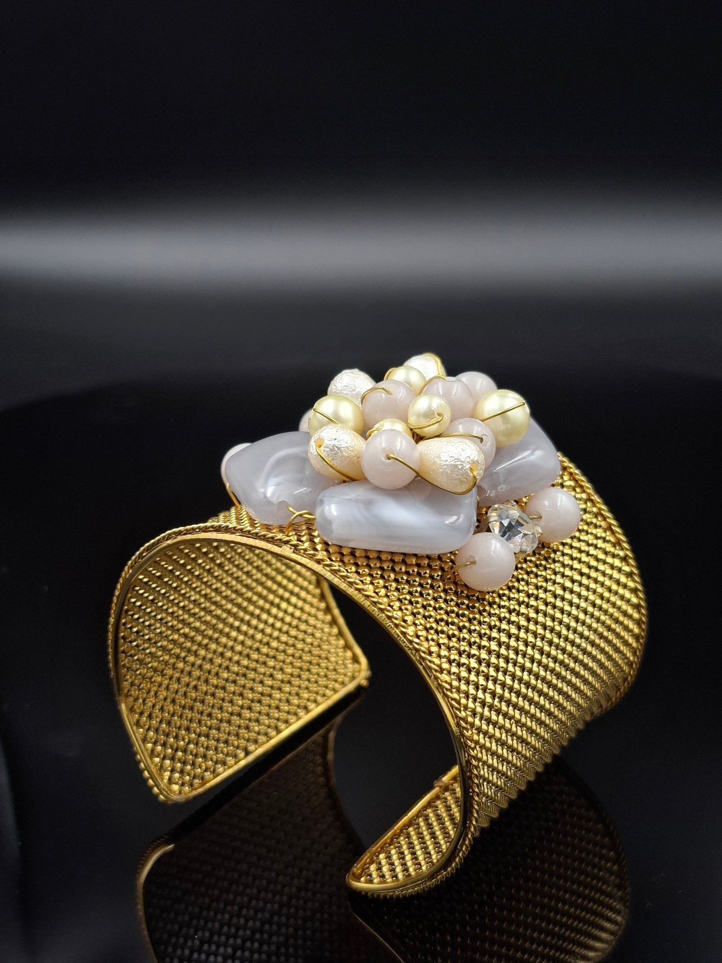 "Moonshade Bloom" – Artisan Grey Stone Floral Cuff